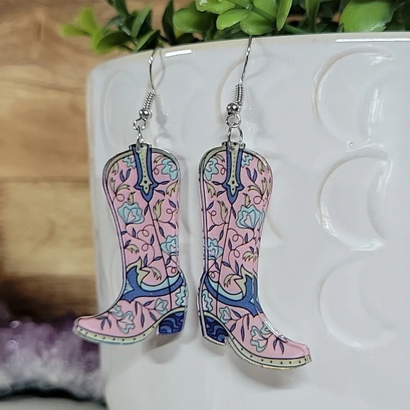Bohemian Floral Western Boot Drop Earrings - Picture 3 of 5